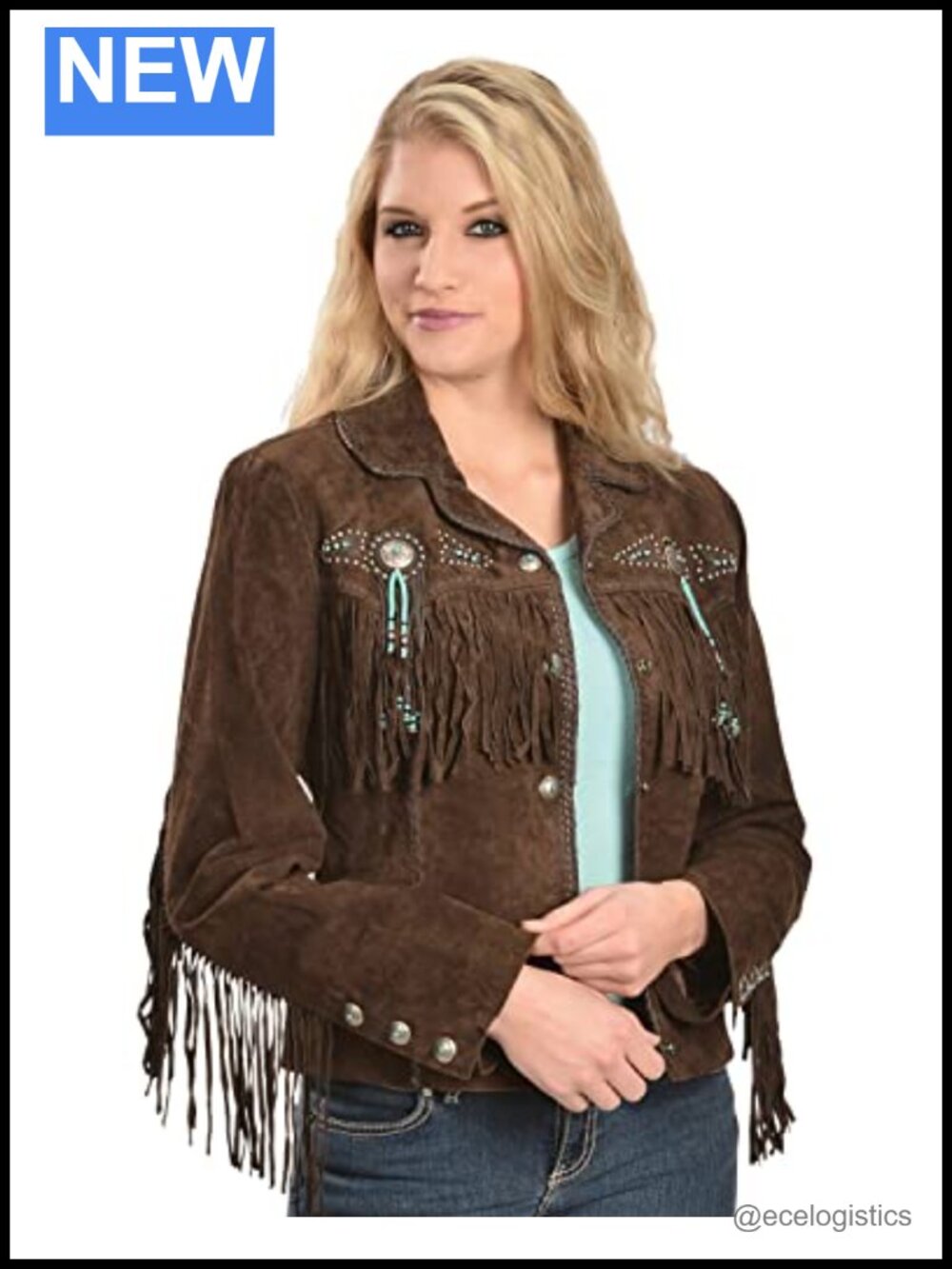 Suede Leather Fringe Jacket Cowgirl Western Conchos Beaded Snap Closure Long
